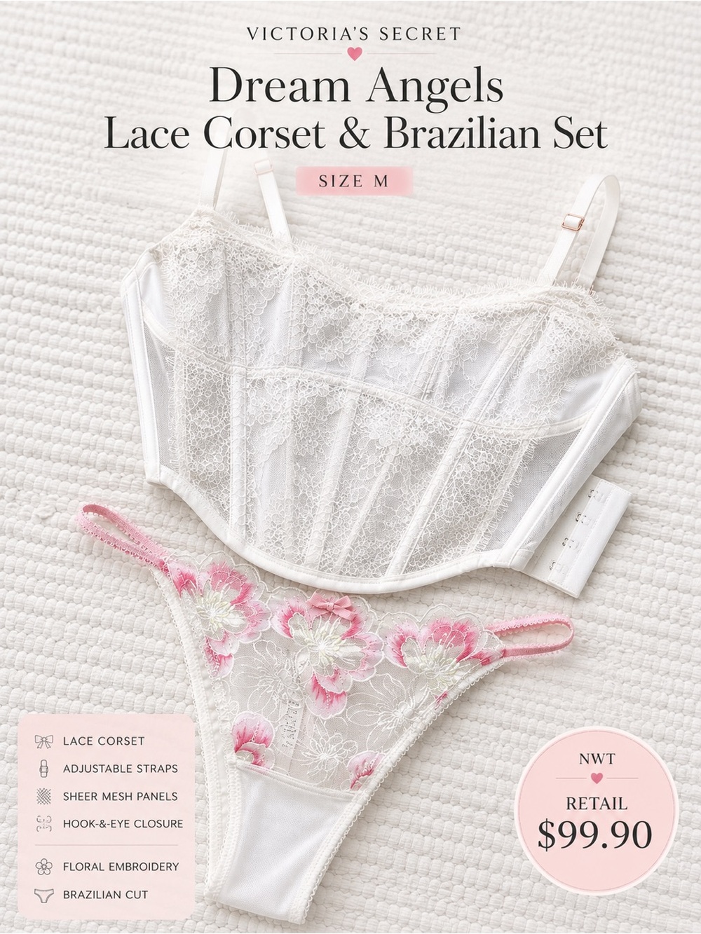 Victoria’s Secret Dream Angels Lace Corset & Floral Brazilian Panty Set NWT